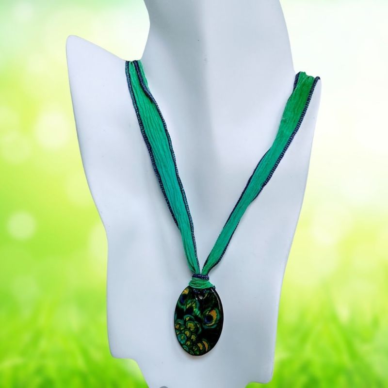 Peacock Mother-of-Pearl  Oval Silk Ribbon Necklace